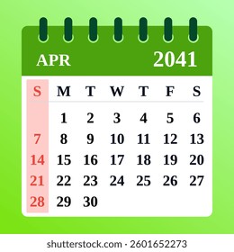 April 2041 Calendar Design. Vector illustration of a rainy April planner. April 2041 Monthly Planner. Modern flat design