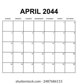 april 2044. monthly calendar design. week starts on sunday. printable, simple, and clean vector design isolated on white background.