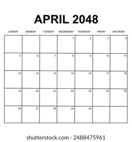 april 2048. monthly calendar design. week starts on sunday. printable, simple, and clean vector design isolated on white background.