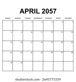 April 2057. monthly calendar design. week starts on Sunday. printable, editable, simple, and clean vector design isolated on white background.