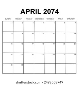 april 2074. monthly calendar design. week starts on sunday. printable, simple, and clean vector design isolated on white background.