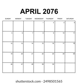 april 2076. monthly calendar design. week starts on sunday. printable, simple, and clean vector design isolated on white background.