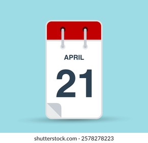 April 21 calendar icon isolated on background. March vector for day of week and month in red. Calendar design vector template. Vertical orientation.