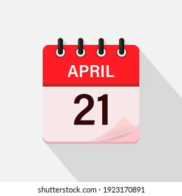 April 21, Calendar icon with shadow. Day, month. Flat vector illustration.