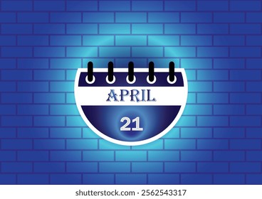 April 21 calendar sign on blue neon brick wall background. Flat design style. Date, day and month. Vector illustration.