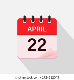 22 de abril, icono del calendario con sombra. Día, mes. Ilustración vectorial plana.