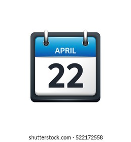 April 22. Calendar icon.Vector illustration,flat style.Month and date..Sunday,Monday,Tuesday,Wednesday,Thursday,Friday,Saturday.Week,weekend,red letter day. 2017,2018 year.Holidays.
