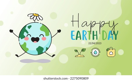 April 22 Earth Day banner. Cartoon cute smiling planet with flower.
