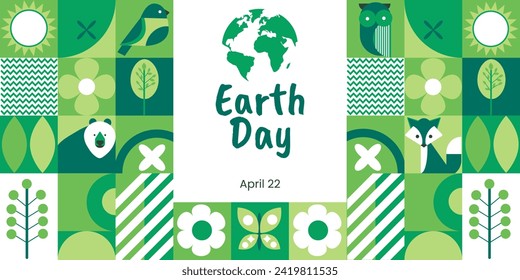 April 22 - Earth Day.  Geometric mosaic with abstract forms of nature. Template for banners, postcards, flyers.