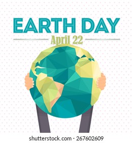 April 22 Earth Day Lettering and World Map Hold Hand Flat Vector Design 