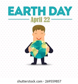 April 22 Earth Day Lettering and World Map Symbol Hold Cartoon Kid Flat Vector Design 