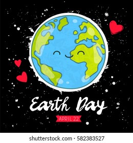 April 22 - Earth Day. The trend calligraphy. Cute smiling blue planet. Vector illustration on a black background. Gift card