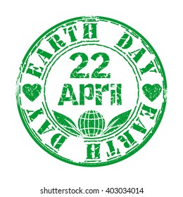 April 22. Green grunge rubber stamp with leaves, heart and the text Earth Day written inside. Design element for celebration of Earth Day. Vector illustration