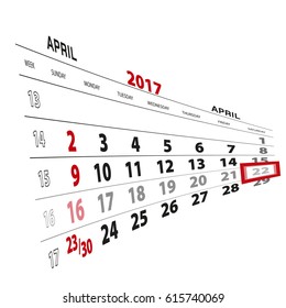 April 22, highlighted on 2017 calendar. Vector Illustration.