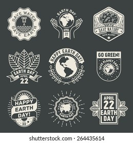 April 22 World Earth Day. Retro design insignias logotypes set. Vector vintage elements.