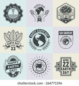 April 22 World Earth Day. Assorted retro design insignias logotypes set. Vector vintage elements.