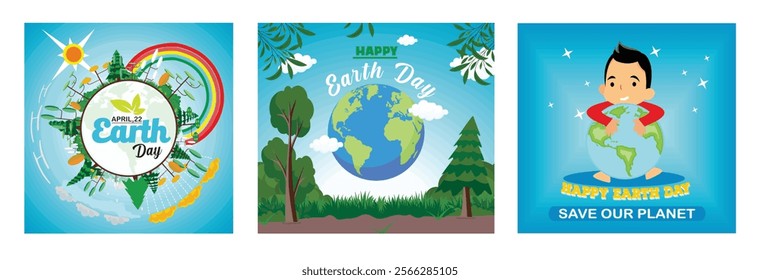 April 22nd Earth Day Celebration. Nature and Sustainability Elements. Little cute boy is hugging planet. Set flat vector modern illustration  