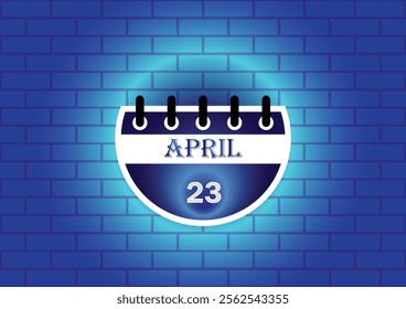 April 23 calendar sign on blue neon brick wall background. Flat design style. Date, day and month. Vector illustration.