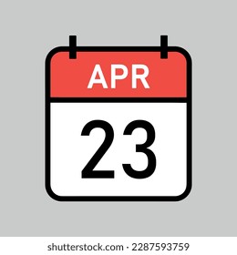 April 23, red and white color calendar page with black outline, calendar date vector illustration