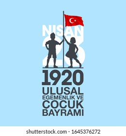 April 23 Turkish national ataturk festival banner cocuk baryrami 23 nisan, tr: April 23 Turkish National Sovereignty and Children's Day, friendship kids silhouette with Turkey flag on blue background