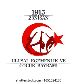 April 23 Turkish national ataturk festival banner cocuk baryrami 23 nisan, tr: April 23 Turkish National Sovereignty and Children's Day, friendship kids silhouette with Turkey flag isolated on white