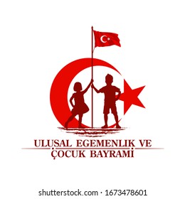 April 23 Turkish national ataturk festival banner cocuk baryrami 23 nisan, tr: April 23 Turkish National Sovereignty and Children's Day, friendship kids silhouette with Turkey flag isolated on white