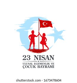 April 23 Turkish national ataturk festival banner cocuk baryrami 23 nisan, tr: April 23 Turkish National Sovereignty and Children's Day, friendship kids silhouette with Turkey flag isolated on white