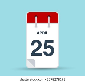 April 25 calendar icon isolated on background. March vector for day of week and month in red. Calendar design vector template. Vertical orientation.