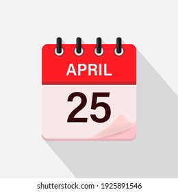 April 25, Calendar icon with shadow. Day, month. Flat vector illustration.