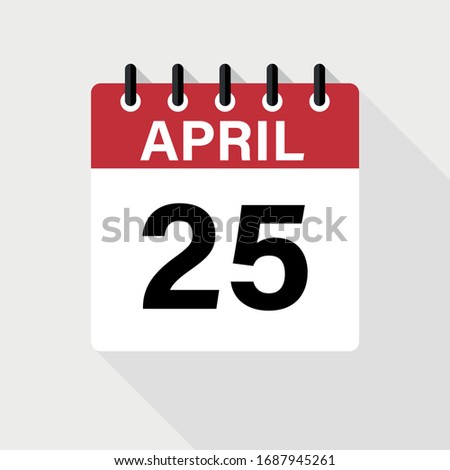 April - 25 Calendar Icon. Calendar Icon with shadow. Flat style. Date, day and month.