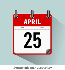25 de abril, ilustración vectorial de icono del calendario, aislada en fondo azul claro.