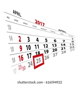 April 25, highlighted on 2017 calendar. Vector Illustration.