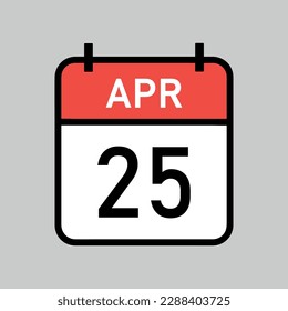 April 25, red and white color calendar page with black outline, calendar date vector illustration