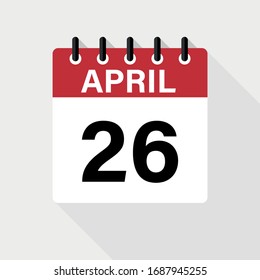 April - 26 Calendar Icon. Calendar Icon with shadow. Flat style. Date, day and month.