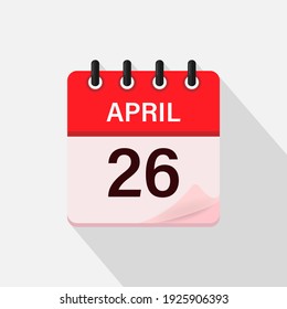 26 de abril, icono del calendario con sombra. Día, mes. Ilustración vectorial plana.