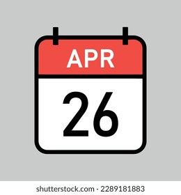 April 26, red and white color calendar page with black outline, calendar date vector illustration