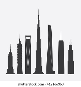 April 27, 2016: Set Of Vector Illustrations Of Famous Skyscrapers. Empire State Building, Taipei 101, Shanghai World Financial Ctr., Burj Khalifa, Shanghai Tower, One World Trade Ctr., Willis Tower