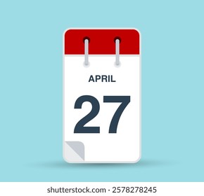 April 27 calendar icon isolated on background. March vector for day of week and month in red. Calendar design vector template. Vertical orientation.