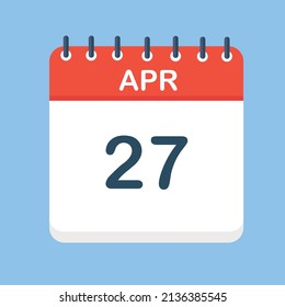 27 de abril. Icono de calendario redondo con sombra larga en un estilo de diseño plano.  Ilustración vectorial. Fácil de editar, manipular, redimensionar o colorear.