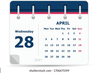 April 28 - Calendar Icon - 2021 - Week starts monday. Calendar design template. 