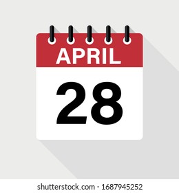 Icono del calendario Abril - 28. Icono de calendario con sombra. Estilo plano. Fecha, día y mes.