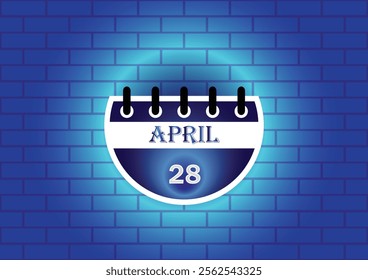 April 28 calendar sign on blue neon brick wall background. Flat design style. Date, day and month. Vector illustration.