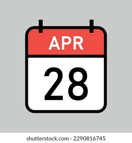 April 28, red and white color calendar page with black outline, calendar date vector illustration