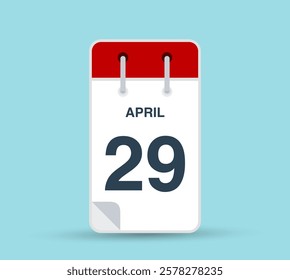 April 29 calendar icon isolated on background. March vector for day of week and month in red. Calendar design vector template. Vertical orientation.