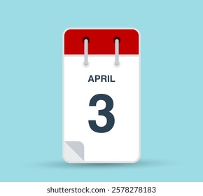 April 3 calendar icon isolated on background. March vector for day of week and month in red. Calendar design vector template. Vertical orientation.