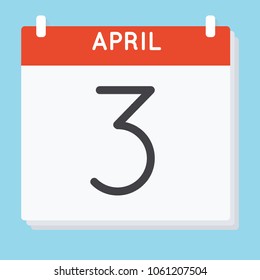 April 3. Calendar icon. Vector illustration in flat design isolated in blue background. Date and time, day, month.
