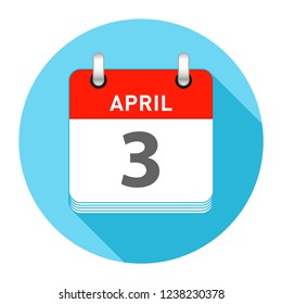 April 3 Date on a Single Day Calendar in Flat Style with long flat shadow on a blue background