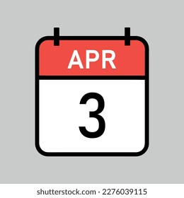 April 3, red and white color calendar page with black outline, calendar date vector illustration