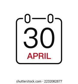 April 30 date on the calendar, vector line stroke icon for user interface. Calendar with date, vector illustration.