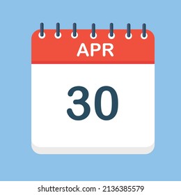 April 30. Round calendar Icon with long shadow in a Flat Design style.  Vector Illustration. Easy to edit, manipulate, resize or colorize.